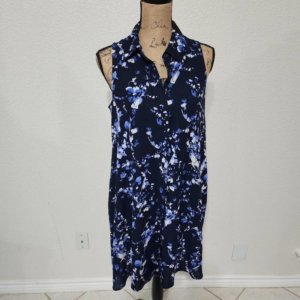 𝅺Adrianne Papell blue floral sleeveless flare dress with‎ pockets size 8